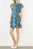 cornflower blue mini dress with a printed floral design in black and pale pink