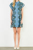 cornflower blue mini dress with a printed floral design in black and pale pink