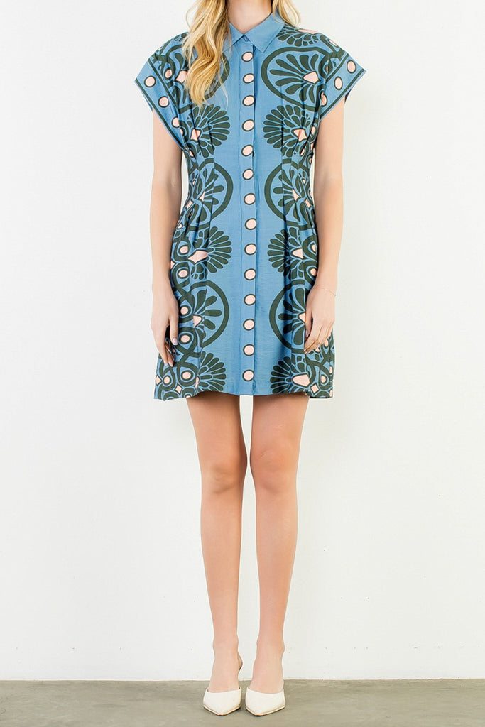 cornflower blue mini dress with a printed floral design in black and pale pink