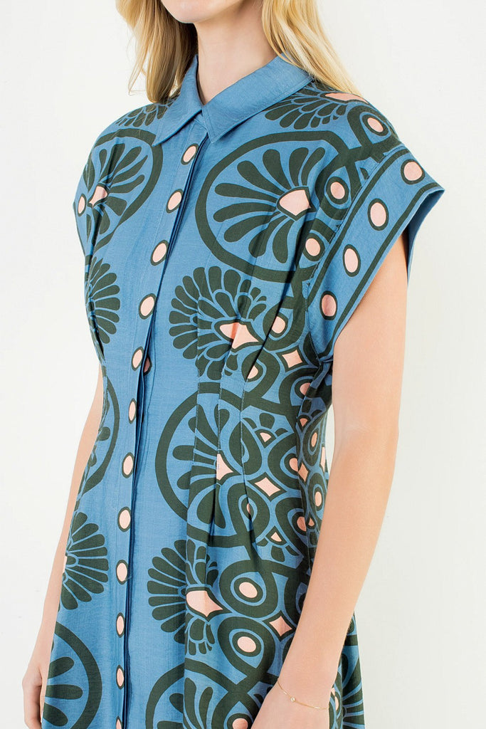 cornflower blue mini dress with a printed floral design in black and pale pink
