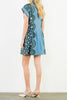 cornflower blue mini dress with a printed floral design in black and pale pink