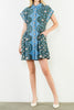 cornflower blue mini dress with a printed floral design in black and pale pink