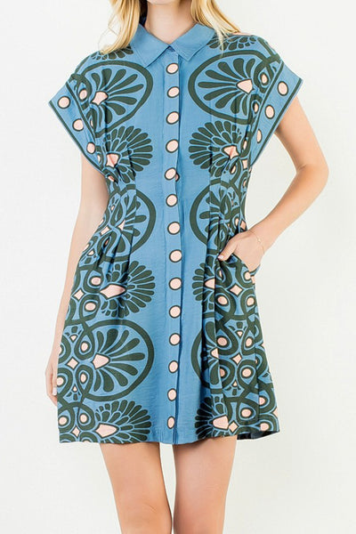 cornflower blue mini dress with a printed floral design in black and pale pink