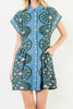 cornflower blue mini dress with a printed floral design in black and pale pink