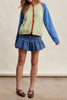 knit raglan-style cardigan with a color blocked design and special blanket stitched details