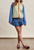 knit raglan-style cardigan with a color blocked design and special blanket stitched details