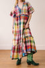 flowy maxi dress in a colorful plaid pattern