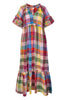 flowy midi dress in a colorful plaid pattern