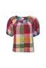 button down top with a scoop neckline, puff sleeves, and a colorful plaid pattern