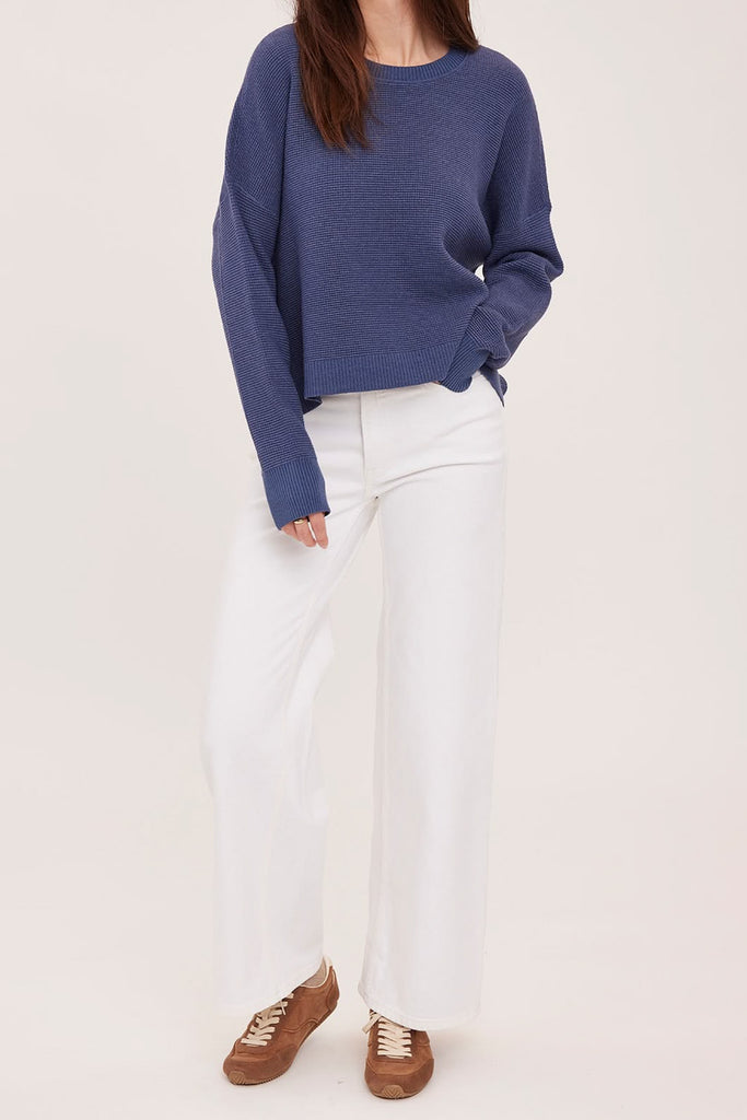 luxe feeling soft navy blue sweater with a waffled texture