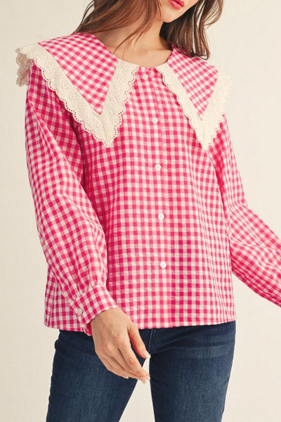 button down top in bright fuchsia gingham with a lace-trimmed statement collar