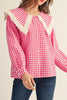 button down top in bright fuchsia gingham with a lace-trimmed statement collar