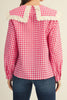 button down top in bright fuchsia gingham with a lace-trimmed statement collar