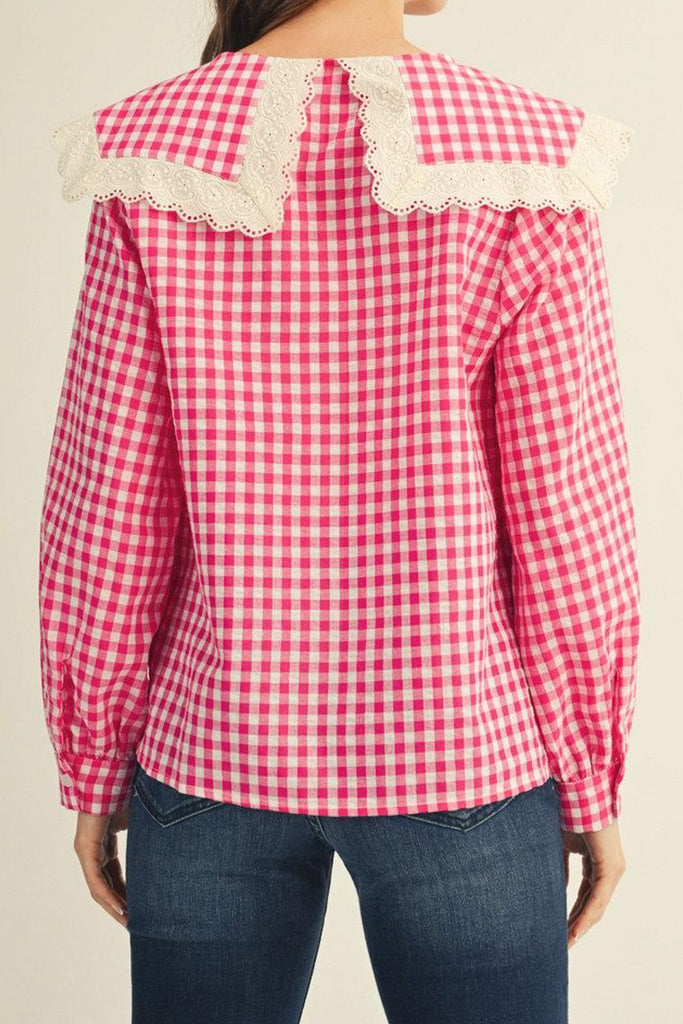 button down top in bright fuchsia gingham with a lace-trimmed statement collar