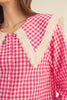 button down top in bright fuchsia gingham with a lace-trimmed statement collar