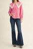 button down top in bright fuchsia gingham with a lace-trimmed statement collar