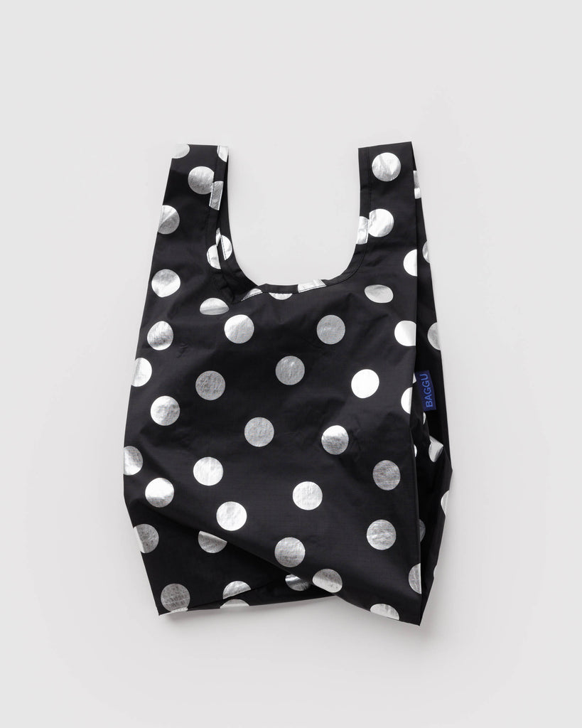 metallic baby baggu in silver polka dot