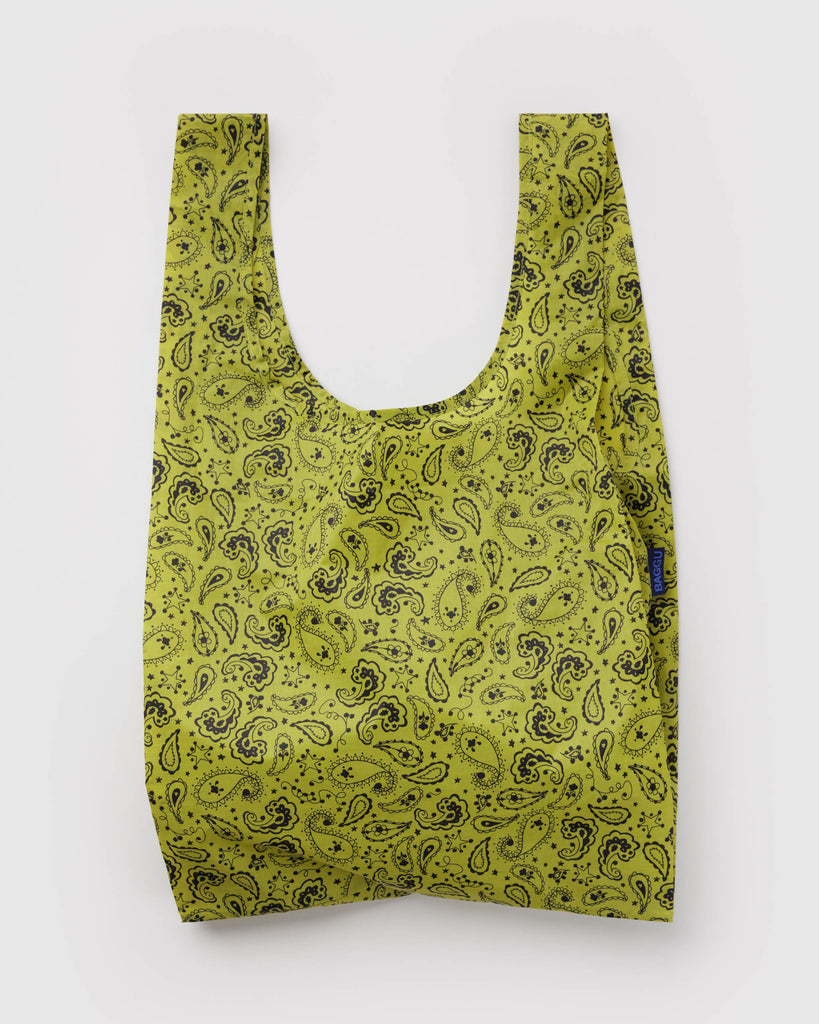 holiday standard baggu reusable bag in chartreuse paisley