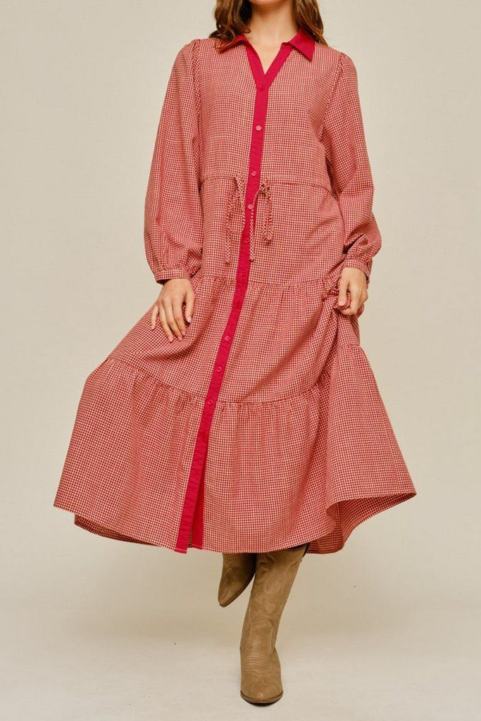 red gingham midi dress with a roomy, oversized fit