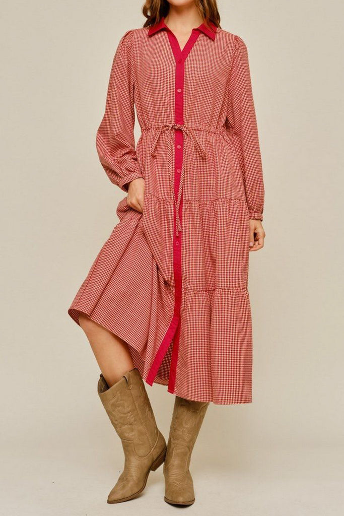 red gingham midi dress with a roomy, oversized fit
