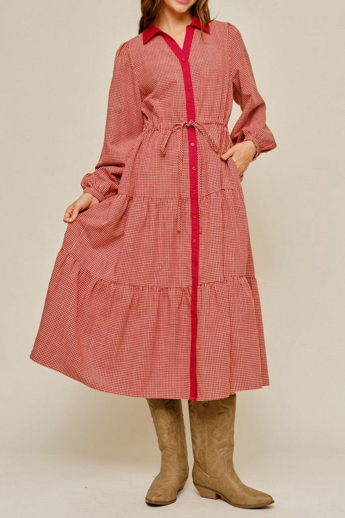 red gingham midi dress with a roomy, oversized fit