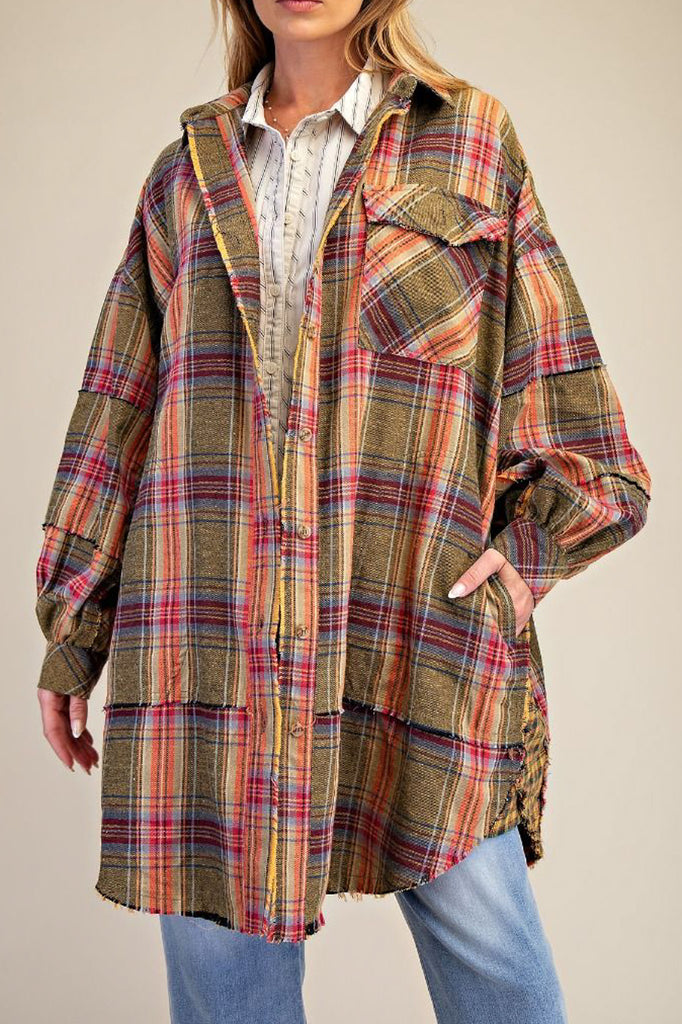 roomy button down tunic with a mixed plaid design