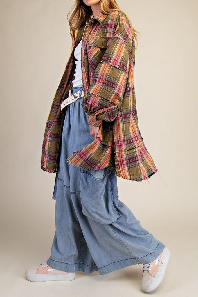 roomy button down tunic with a mixed plaid design