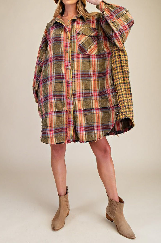 roomy button down tunic with a mixed plaid design