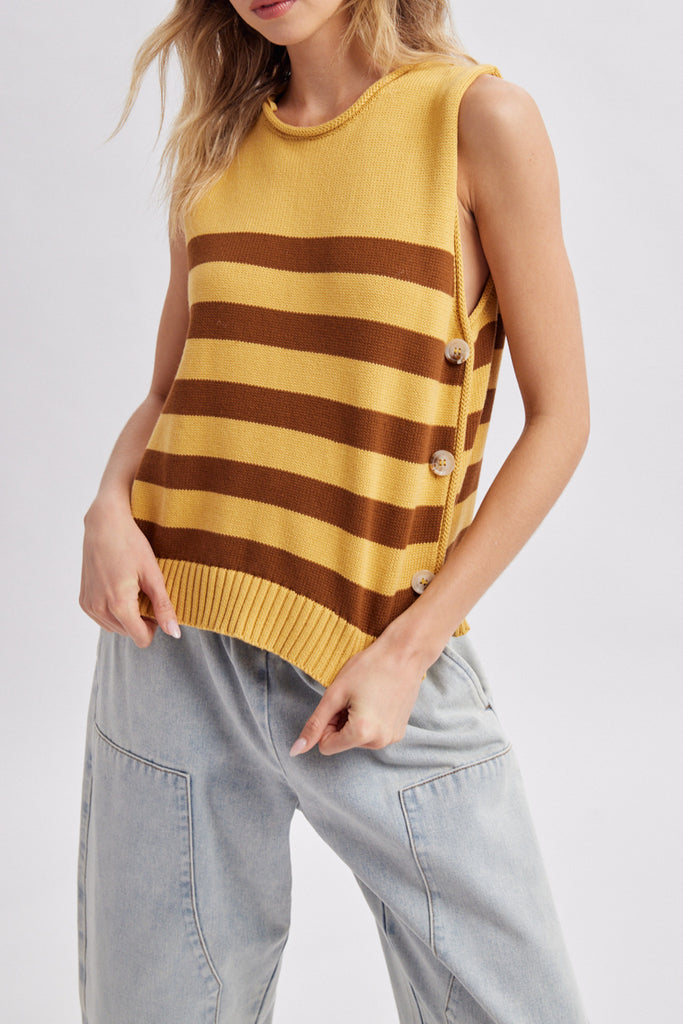 sleeveless knit top in mustard yellow with brown stripes