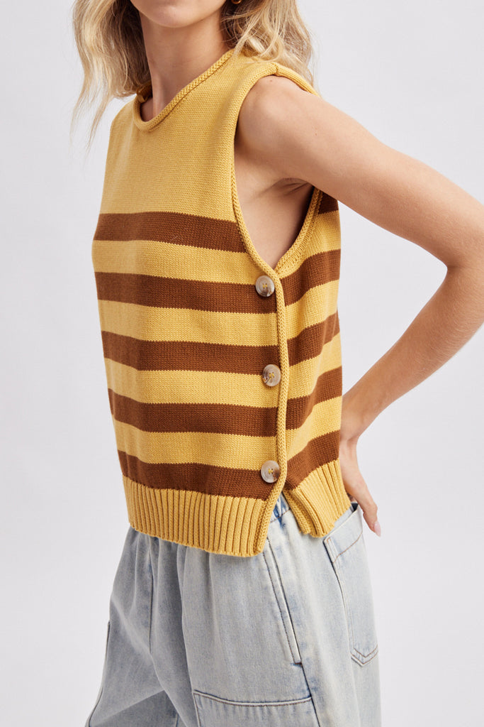 sleeveless knit top in mustard yellow with brown stripes