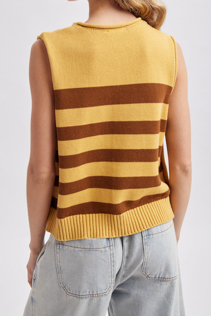 sleeveless knit top in mustard yellow with brown stripes