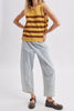sleeveless knit top in mustard yellow with brown stripes