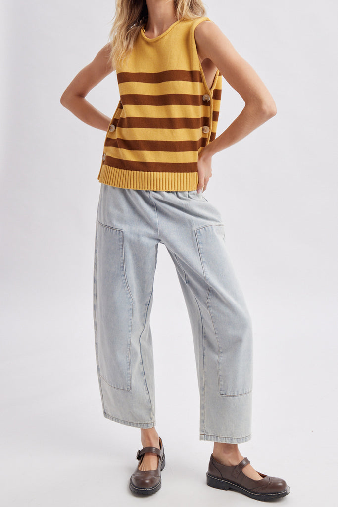 sleeveless knit top in mustard yellow with brown stripes