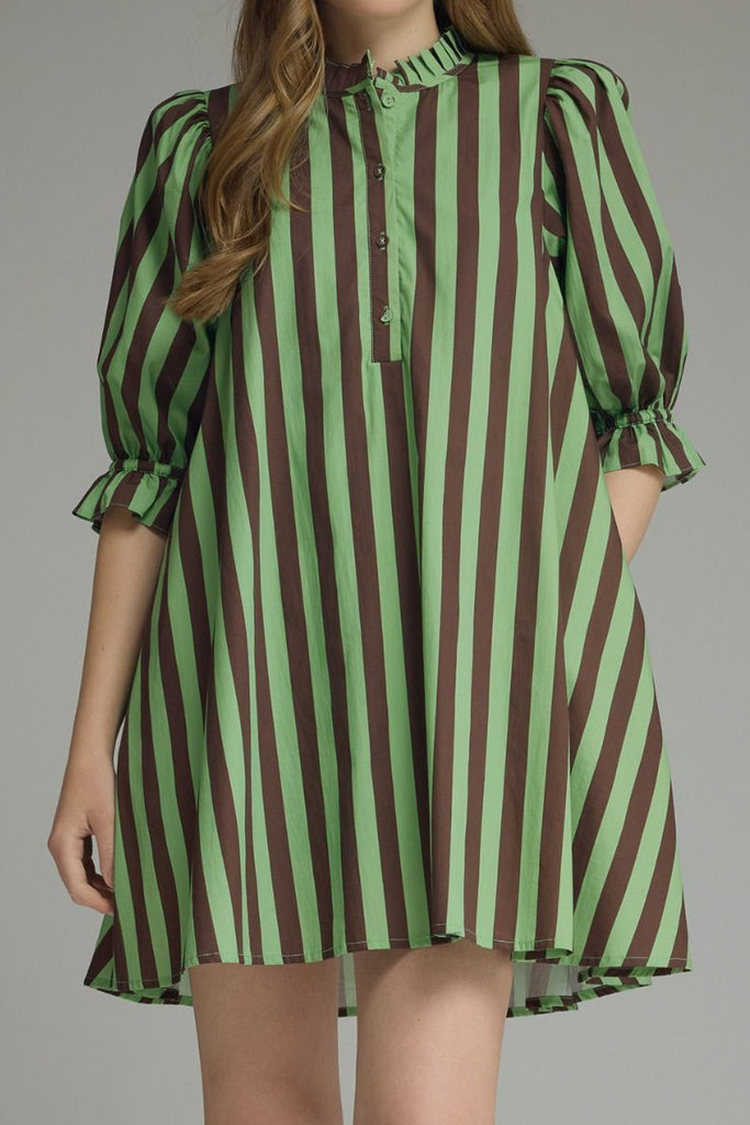 swingy mini dress in muted green and brown vertical stripes