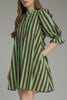 swingy mini dress in muted green and brown vertical stripes
