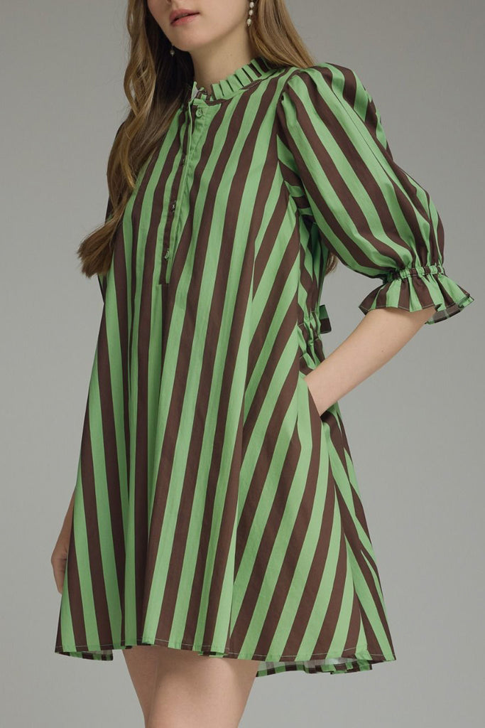 swingy mini dress in muted green and brown vertical stripes