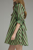 swingy mini dress in muted green and brown vertical stripes