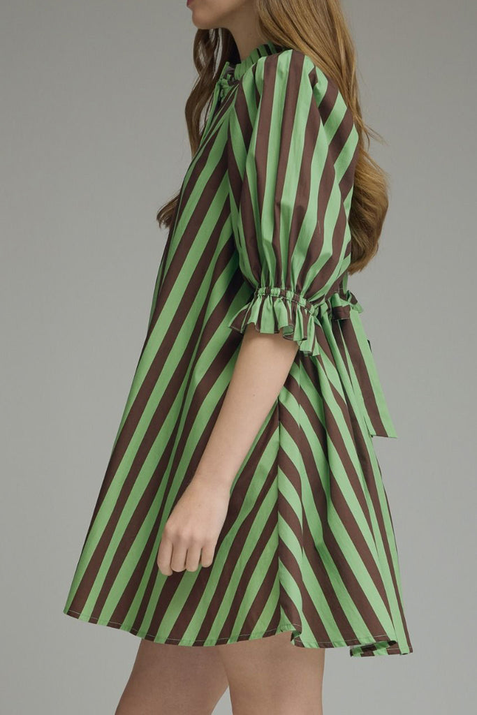 swingy mini dress in muted green and brown vertical stripes