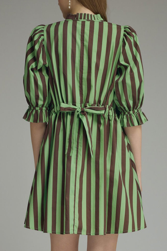 swingy mini dress in muted green and brown vertical stripes