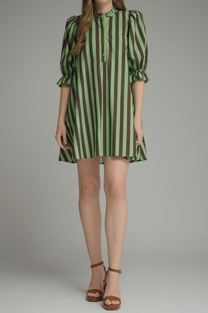 swingy mini dress in muted green and brown vertical stripes