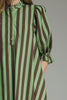 swingy mini dress in muted green and brown vertical stripes