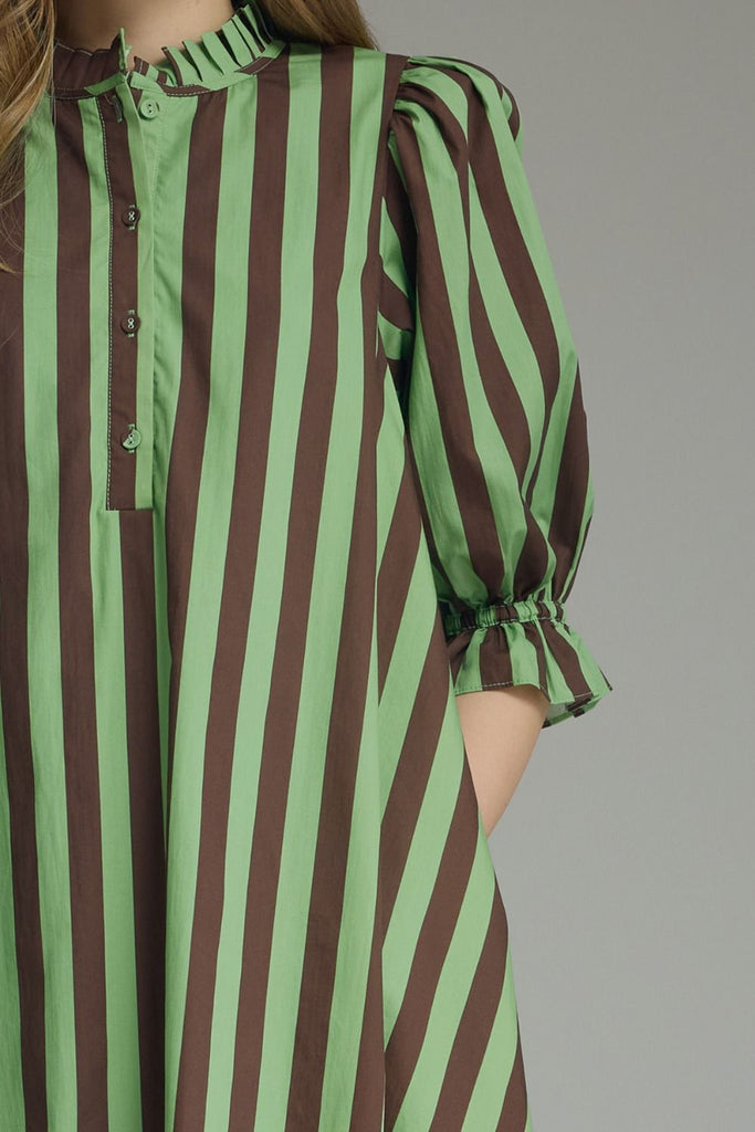 swingy mini dress in muted green and brown vertical stripes