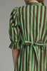 swingy mini dress in muted green and brown vertical stripes