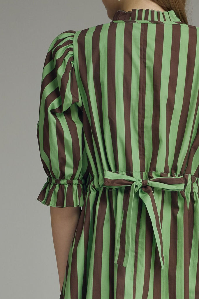 swingy mini dress in muted green and brown vertical stripes