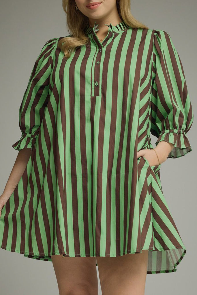 swingy mini dress in muted green and brown vertical stripes