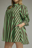 swingy mini dress in muted green and brown vertical stripes