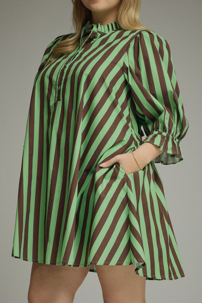 swingy mini dress in muted green and brown vertical stripes