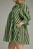 swingy mini dress in muted green and brown vertical stripes