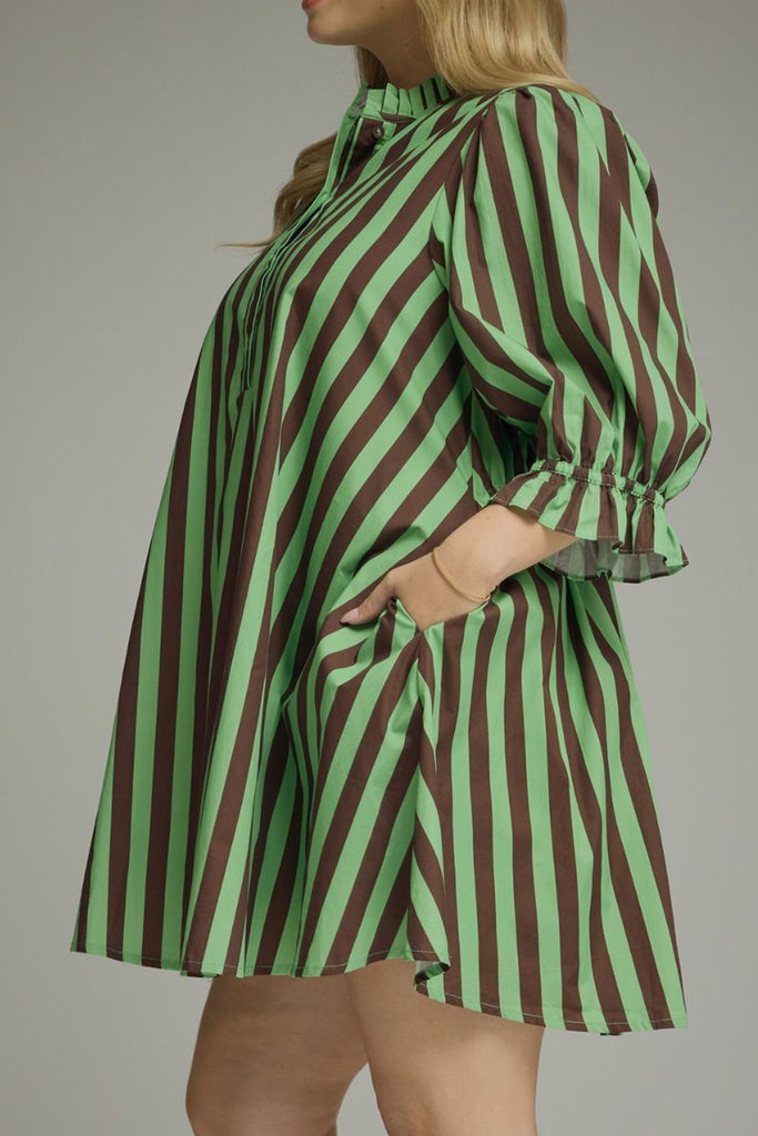 swingy mini dress in muted green and brown vertical stripes