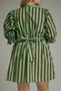 swingy mini dress in muted green and brown vertical stripes